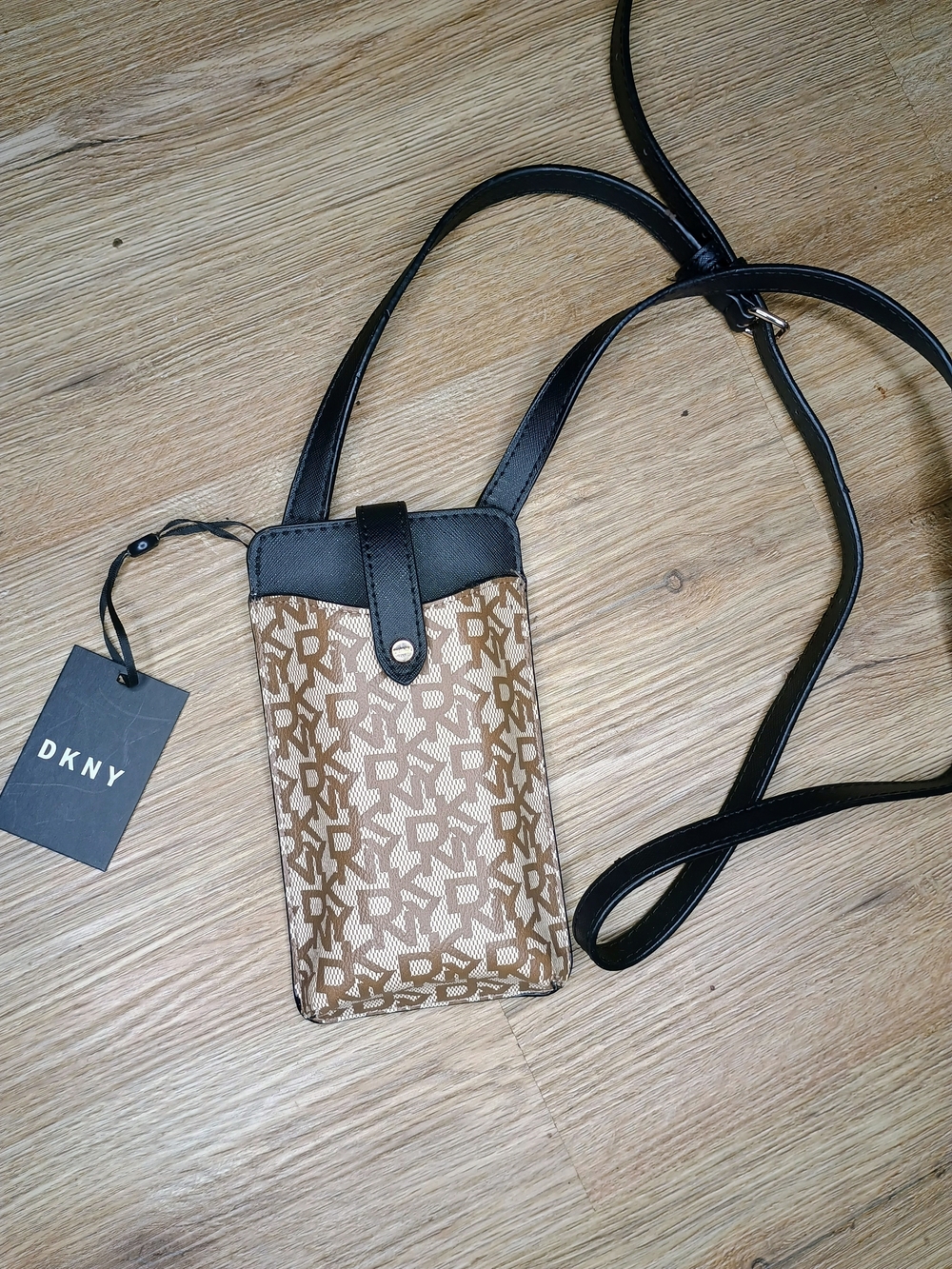 DKNY Monogram Brown and Black Crossbody Phone Pouch